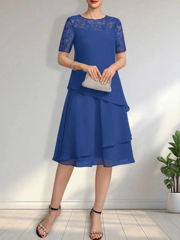 A-line Scoop Illusion Knee-Length Lace Chiffon Mother of the Bride Dress With Sequins by Dreamylily