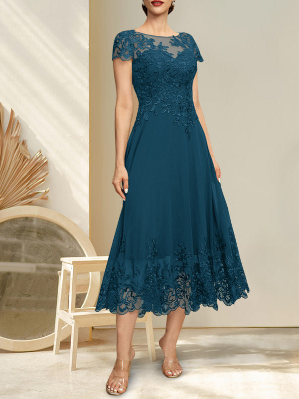 A-line Illusion Scoop Tea-Length Lace Chiffon Mother of the Bride Dress With Sequins Hover Image