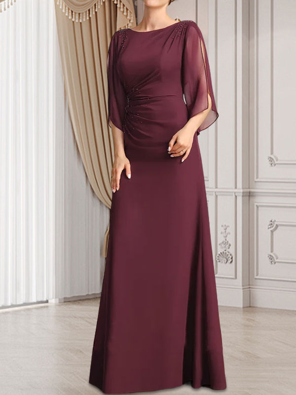 Etui-Linie/Säule U-Ausschnitt Bodenlang Chiffon Kleid für die Brautmutter mit Plissee Perlenbesatz