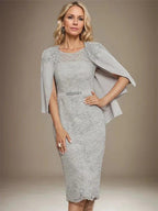 Sheath/Column Scoop Knee-Length Chiffon Lace Mother of the Bride Dress With Beading by Dreamylily