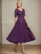 A-line V-Neck Tea-Length Lace Chiffon Mother of the Bride Dress With Sequins by Dreamylily