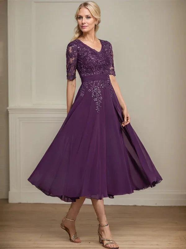A-line V-Neck Tea-Length Lace Chiffon Mother of the Bride Dress With Sequins by Dreamylily