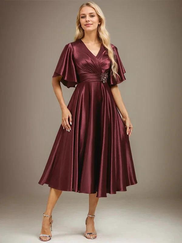 A-line V-Neck Tea-Length Stretch Satin Mother of the Bride Dress With Beading Pleated by Dreamylily