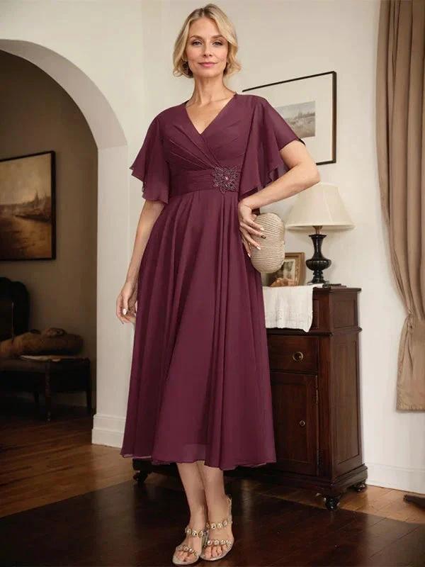 A-line V-Neck Tea-Length Chiffon Mother of the Bride Dress With Pleated Beading by Dreamylily