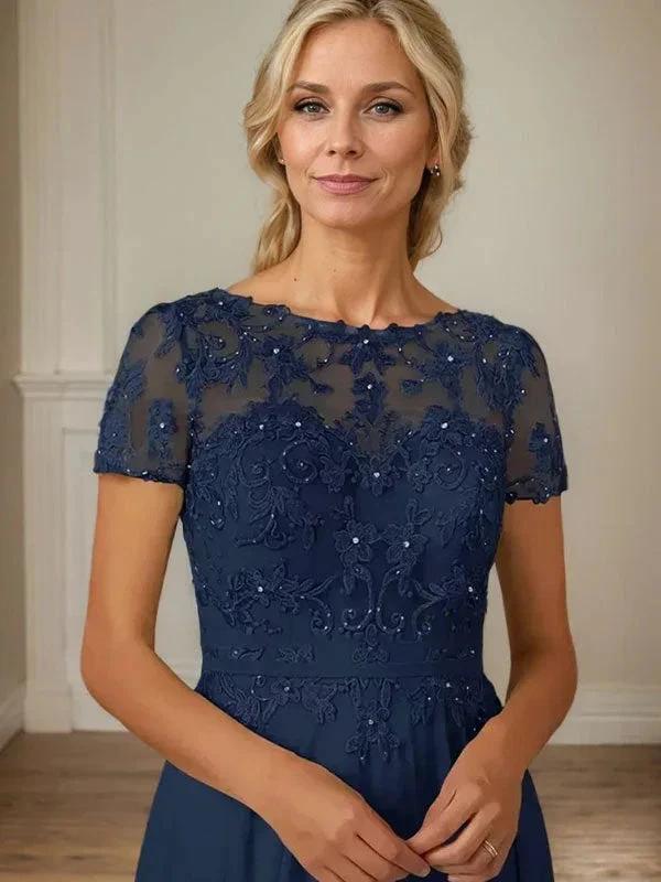 Dark Navy A-Line Boatneck Sequins Chiffon Dress by Dreamylily