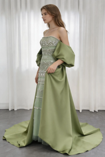 Sage Green Strapless Beaded Evening Gown with Oversized Satin Shawl and Court Train by simplepromdress