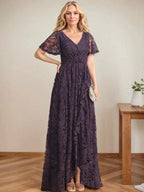 A-Line V-Neck Asymmetrical Lace Mother of the Bride Dress With Cascading Ruffles by Dreamylily