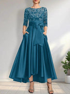 A-line Scoop Illusion Asymmetrical Satin Lace Mother of the Bride Dress With Bow by Dreamylily