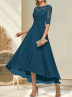 A-line Boat Neck Illusion Asymmetrical Chiffon Lace Mother of the Bride Dress With Sequins Beading by Dreamylily