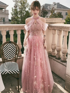 Pink Tulle A-line Long Formal Dresses, Pink High Neckline Party Dresses Prom Dresses by tangjianjun