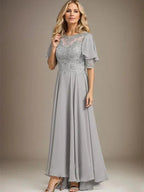 A-line Scoop Illusion Asymmetrical Chiffon Lace Mother of the Bride Dress With Beading by Dreamylily