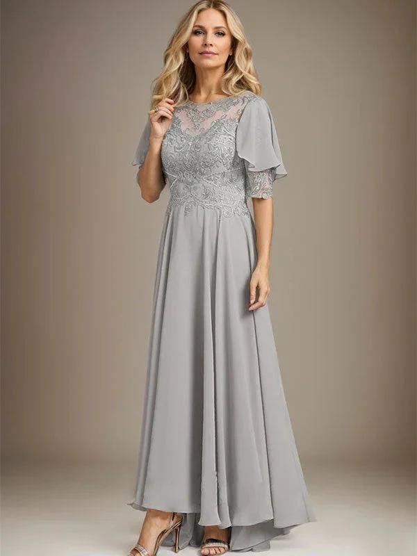A-line Scoop Illusion Asymmetrical Chiffon Lace Mother of the Bride Dress With Beading by Dreamylily