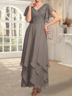 A-line V-Neck Ankle-Length Lace Chiffon Mother of the Bride Dress With Cascading Ruffles by Dreamylily