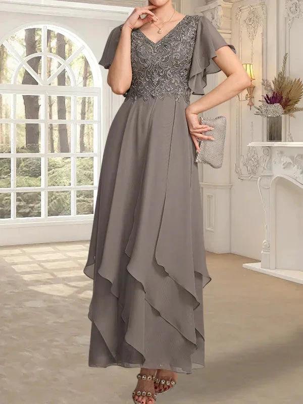A-line V-Neck Ankle-Length Lace Chiffon Mother of the Bride Dress With Cascading Ruffles by Dreamylily