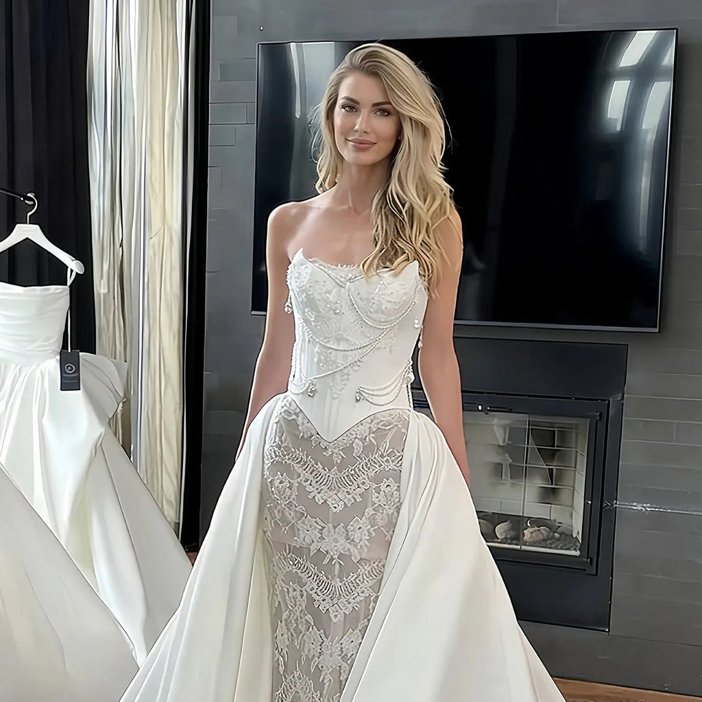 Elegant Ivory Strapless Beaded Corset Lace Mermaid Wedding Dress with Overskirt SW218