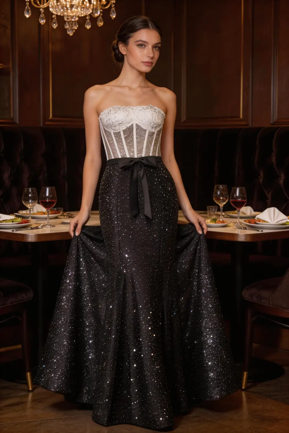 White Lace Corset Black Glitter Mermaid Prom Dress, Strapless Formal Evening Gown by tangjianjun