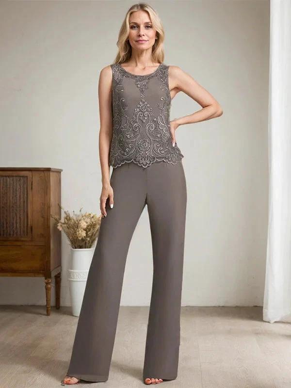Separates Jumpsuit/Pantsuit Scoop Floor-Length Chiffon Lace Mother of the Bride Dress With Beading Sequins by Dreamylily