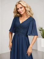A-line V-Neck Floor-Length Lace Chiffon Mother of the Bride Dress With Sequins by Dreamylily