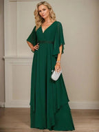 A-line V-Neck Floor-Length Chiffon Mother of the Bride Dress With Sequins Appliques Lace Beading by Dreamylily