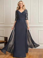 A-line V-Neck Floor-Length Lace Chiffon Mother of the Bride Dress With Pleated Sequins by Dreamylily