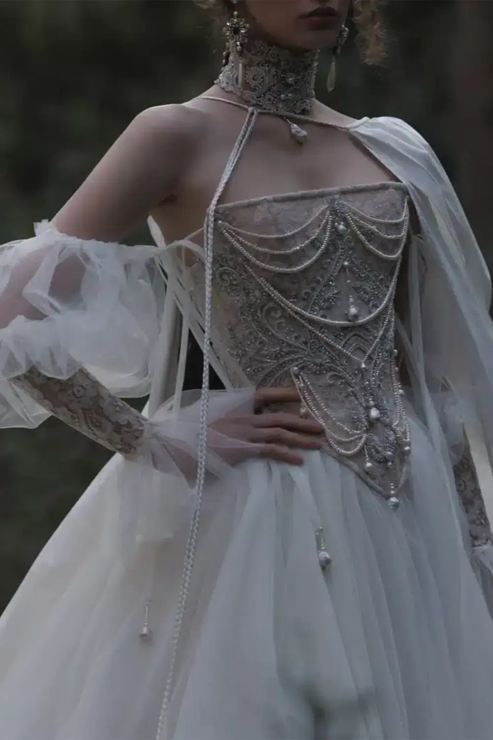 White Draped Pearl Tulle Ball Gown Bridal Dress with Puff Sleeves SW663
