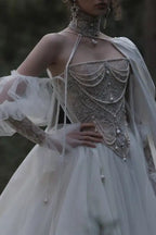 White Draped Pearl Tulle Ball Gown Bridal Dress with Puff Sleeves SW663