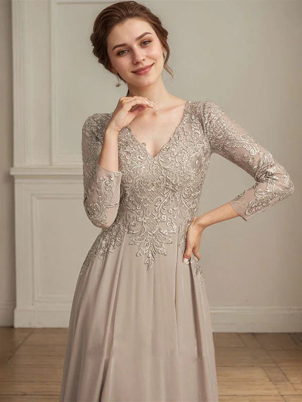 A-line V-Neck Floor-Length Lace Chiffon Mother of the Bride Dress With Sequins by Dreamylily