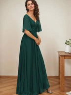 A-line V-Neck Floor-Length Chiffon Mother of the Bride Dress With Sequins Appliques Lace Pleated by Dreamylily