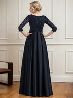 A-line V-Neck Floor-Length Satin Lace Mother of the Bride Dress With Sequins Bow by Dreamylily