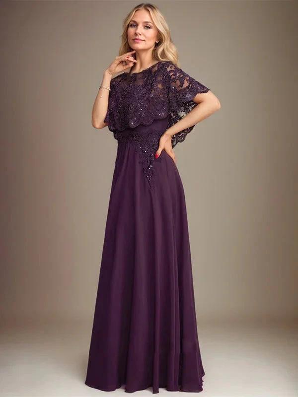 A-line Boat Neck Floor-Length Lace Chiffon Mother of the Bride Dress With Applique Sequins by Dreamylily