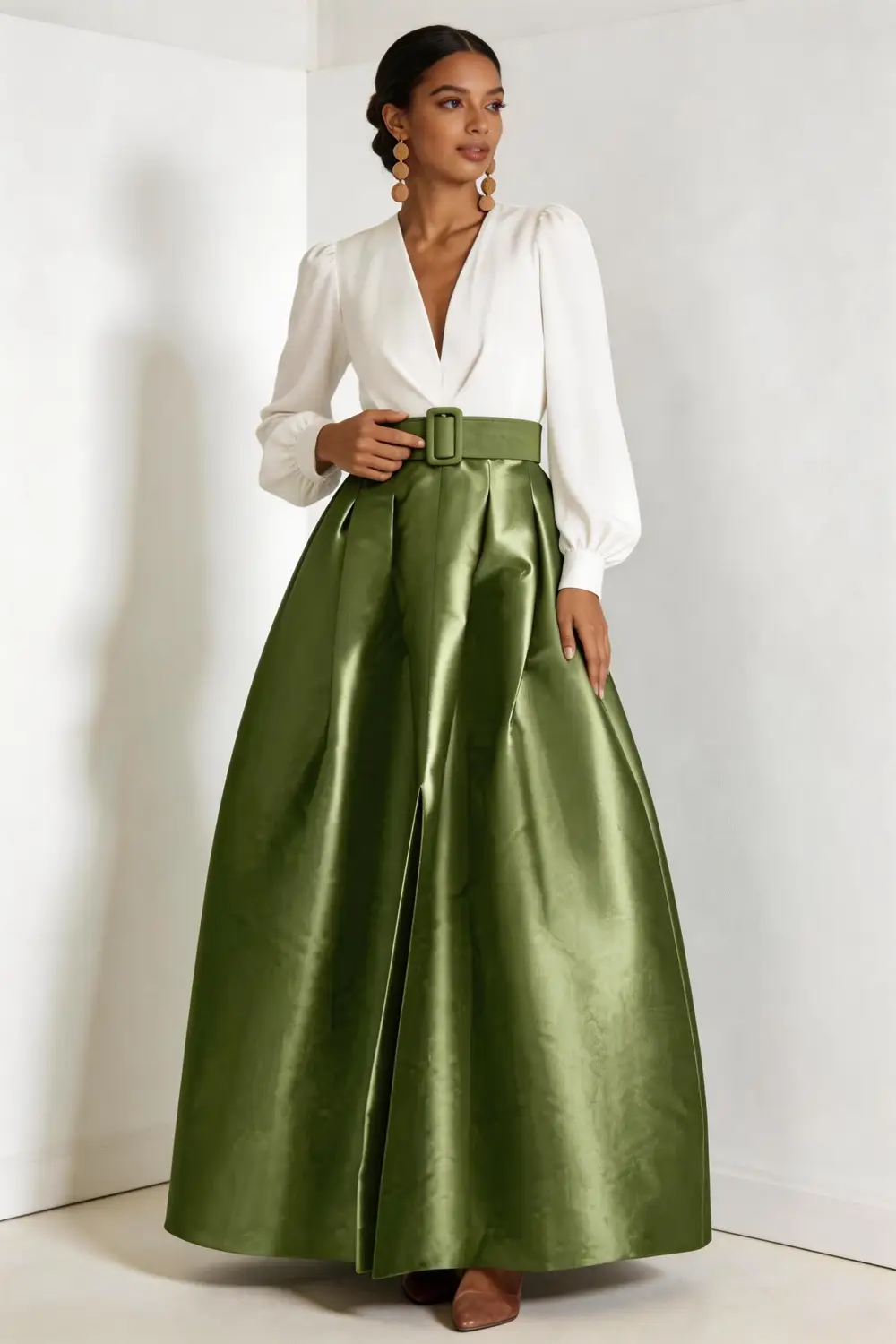 Sage Green Satin High Waist Maxi Skirt, White V-Neck Blouse Two Piece Set by tangjianjun