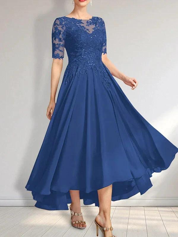 A-line Scoop Illusion Asymmetrical Chiffon Lace Mother of the Bride Dress With Sequins by Dreamylily