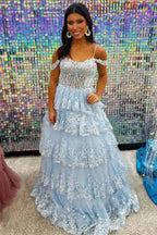 Maureen | Tulle Sequin Cold-Shoulder Ruffle Tiered Long Prom Dress by KissProm