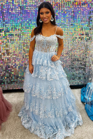 Maureen | Langes Ballkleid aus Tüll mit Pailletten, schulterfreien Rüschen und Stufen