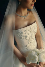 White Satin Tulle Ball Gown Bridal Dress with Embroidered Lace Bodice SW745