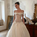 Elegant Ivory Off-the-Shoulder Floral Lace Ball Gown Wedding Dress SW229