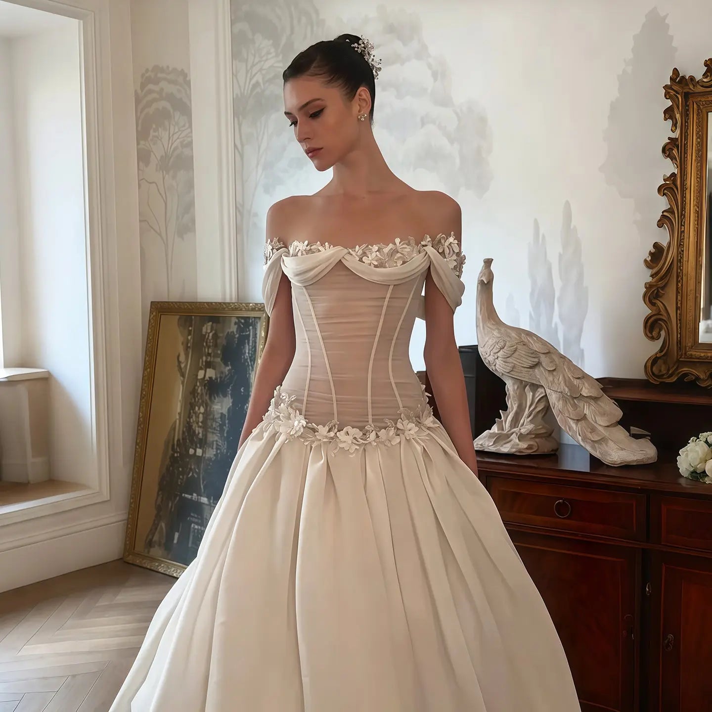 Elegant Ivory Off-the-Shoulder Floral Lace Ball Gown Wedding Dress SW229