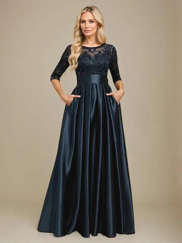 A-line Scoop Illusion Floor-Length Stretch Satin Lace Mother of the Bride Dress With Bow Sequins by Dreamylily