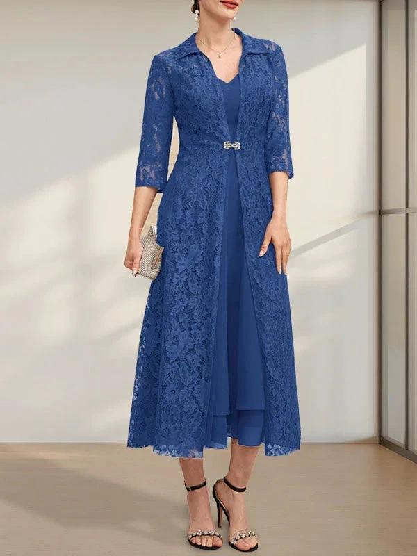 A-line V-Neck Tea-Length Chiffon Mother of the Bride Dress by Dreamylily