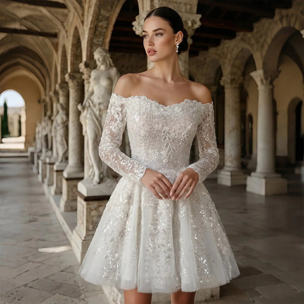 Elegant Off White Off-the-Shoulder Lace Short Wedding Dress SW723