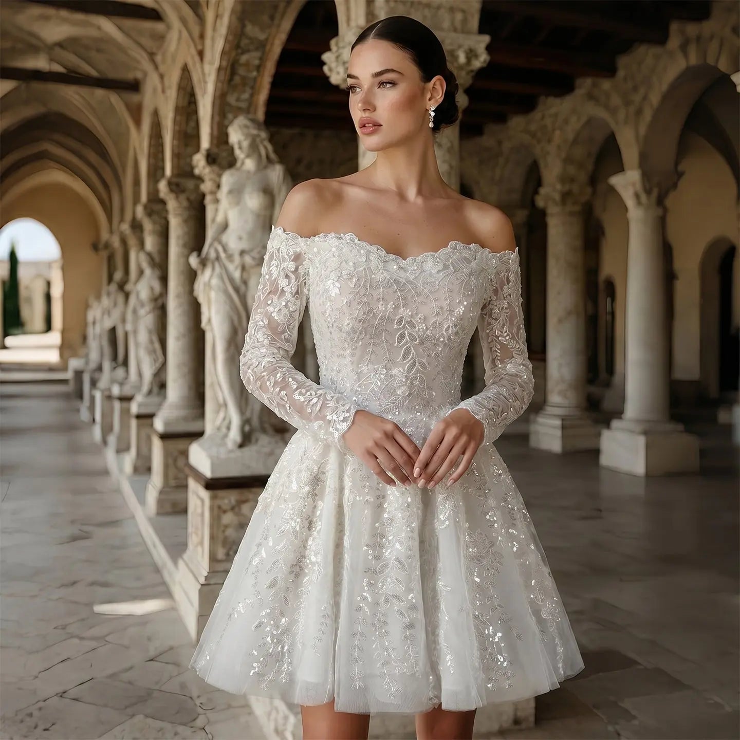 Elegant Off White Off-the-Shoulder Lace Short Wedding Dress SW723