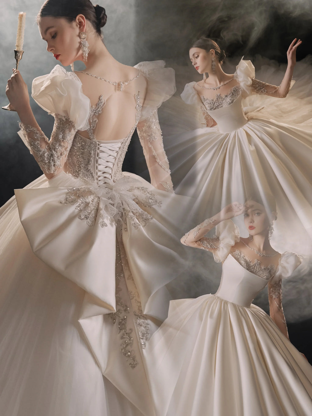 Regal Ball Gown Illusion Neckline Tulle Puff Sleeve Beaded Lace Wedding Dress with Oversized Bow Train E-304 by ZAPDRESS