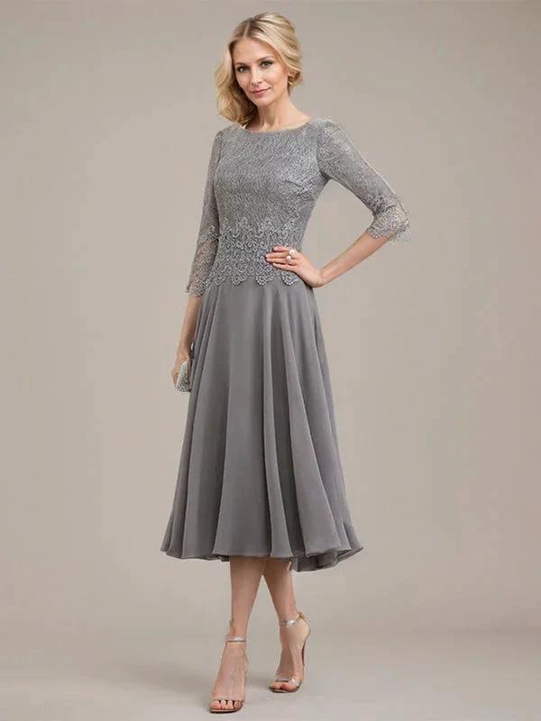 A-line Scoop Tea-Length Lace Chiffon Mother of the Bride Dress by Dreamylily