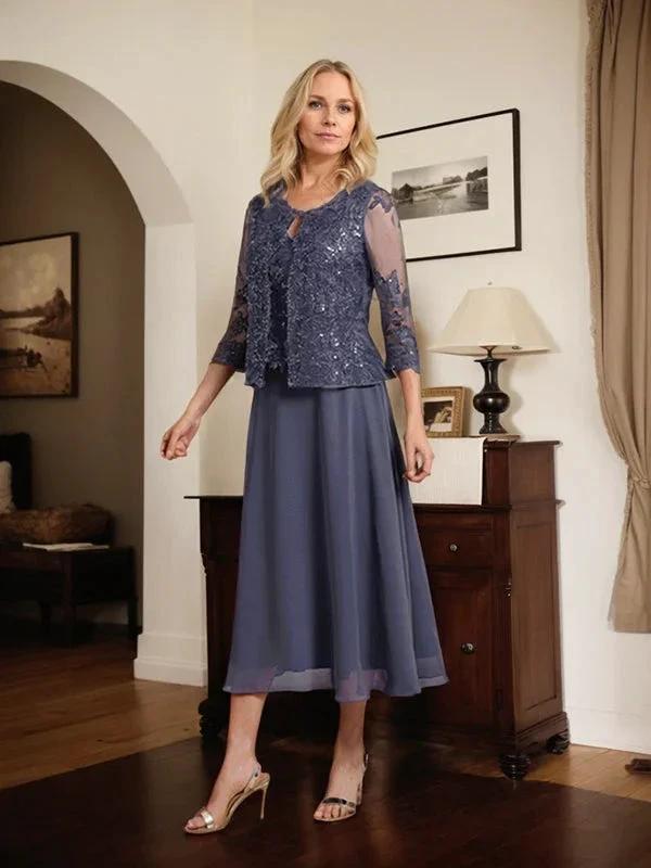 A-line Scoop Tea-Length Lace Chiffon Mother of the Bride Dress With Sequins by Dreamylily