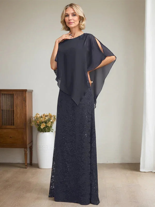 Vestido de madre de la novia de gasa con encaje, escote redondo y largo hasta el suelo, con lentejuelas y abalorios