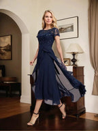 A-line Scoop Illusion Asymmetrical Chiffon Lace Mother of the Bride Dress With Bow Ruffle Sequins by Dreamylily