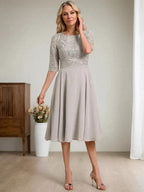 A-line Scoop Knee-Length Lace Chiffon Mother of the Bride Dress by Dreamylily