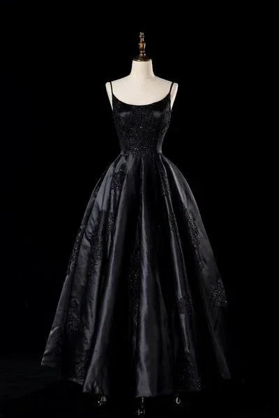 Sexy Satin Spaghetti Strap Black Wedding Gown A Line Party Evening Dress Formal Prom Dress Y7545 by simplepromdress