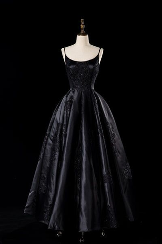Vestido de novia negro sexy de satén con tirantes finos, corte A, para fiesta de noche, vestido formal de graduación Y7545