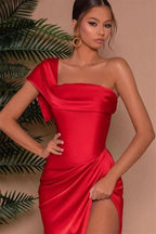 Red One-Shoulder Strapless Mermaid Prom Dress with Front Slit by BIZTUNNEL